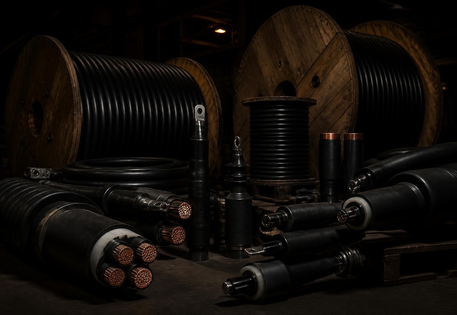 High-voltage power cables routed on a cable tray inside an industrial facility