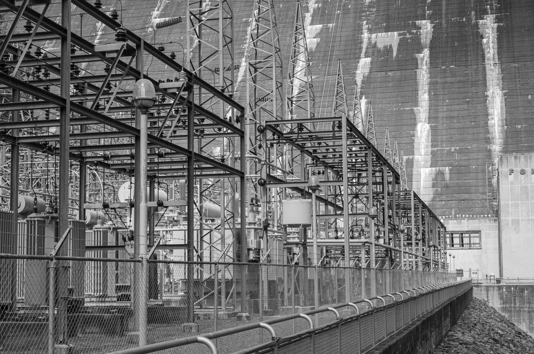 Substation structures and instrument transformers in monochrome