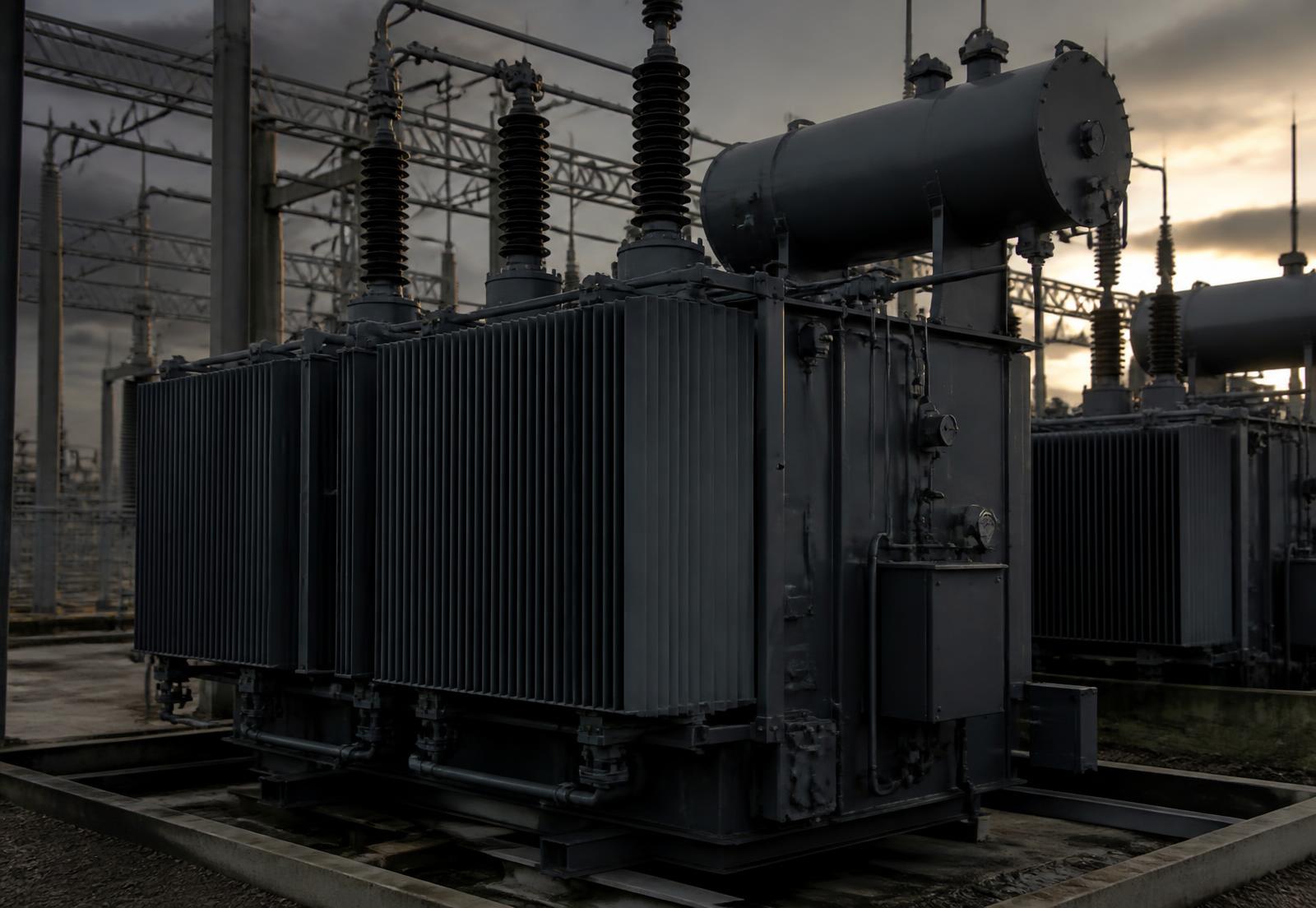 Power transformers installed in an outdoor substation bay